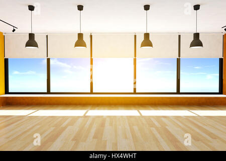 Empty room and parquet floor with large windows and ceiling lamps, 3D rendering Stock Photo