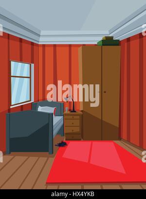 Digital vector abstract background with a small house interior with a bed by the window, lamp, carpet and furniture, flat style Stock Vector