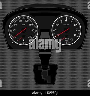 Car instrument panel,vector image of a speedometer, tachometer,gear shifter,texture of a metal Stock Vector