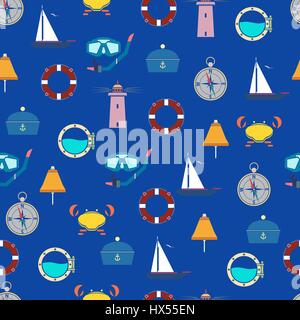 Jointless pattern on a marine theme.Bright coloured pattern.Marine objects. Stock Vector