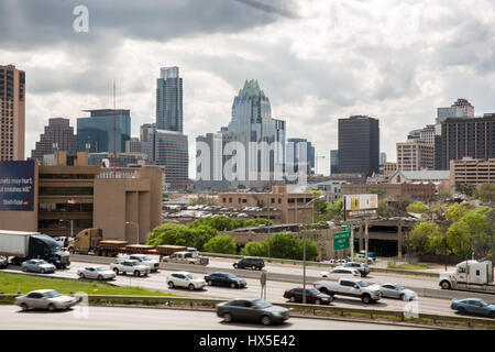 View of Austin, Texas skyline across I-35. Stock Photo