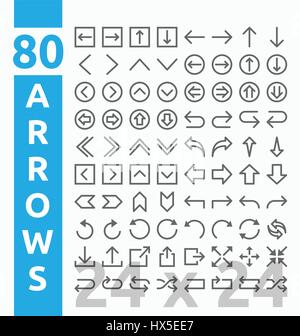 80 Arrow outline icons for user interface and web project base on 24 pixel grids. Minimal navigation sign and symbols collections. Vector illustration Stock Vector
