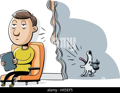 A cartoon man tries to enjoy quiet time but is distracted by a dog barking in a neighbouring room. Stock Vector