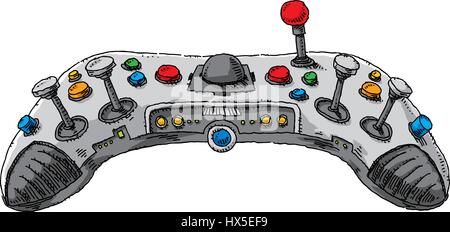 A funny, cartoon console game controller with lots of buttons and joysticks and lights. Stock Vector