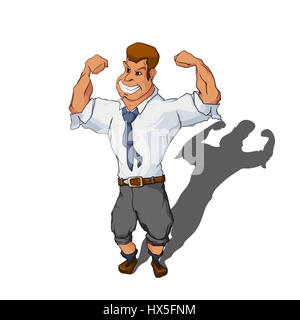 Muscular man in business suit. Office worker standing in the bodybuilder pose. Cartoon character isolated on white background. Stock Photo