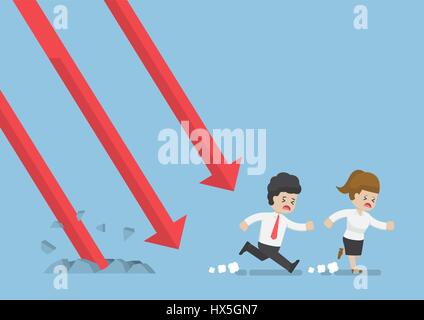 Businessman and Businesswoman Run Away From Falling Graph, Investment Risk Concept Stock Vector