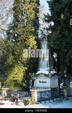 The composer Beethoven's grave in Zentralfriedhof in Vienna, Austria in Winter. Stock Photo