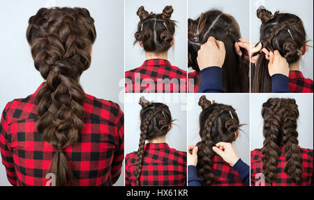 Hair tutorial. Hairstyle volume braid for party tutorial step by step. Backstage technique of weaving plaits Stock Photo