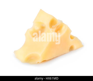 one cheese triangle isolated on white background. Piece of cheese with big holes. Maasdam cheese Stock Photo