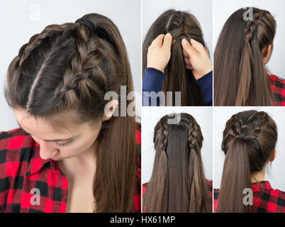 simple braided hairstyle tutorial step by step. Easy hairstyle for long hair. Pony tail with braid. Hair tutorial Stock Photo