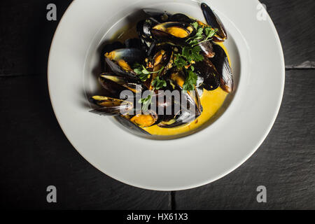 Seafood mussels on pan with cream sauce. Restaurant food. Close up Stock Photo