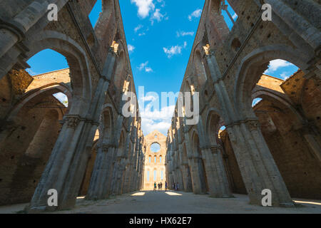 Internal view of the ruins of Medieval San Galgano Abbey near Siena, Italy - example of Romanesque architecture in Tuscany Stock Photo