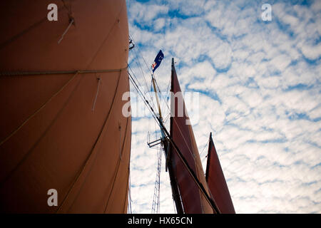 Detail of sails full of wind on a schooner off the coast of Maine. Stock Photo
