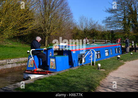 Blue narrowboat on Grand Union Canal, Aston Clinton, Buckinghamshire, UK Stock Photo