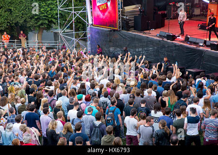 PARIS - AUG 28: Crowd in a concert at Rock En Seine Festival on August 28, 2015 in Paris, France. Stock Photo