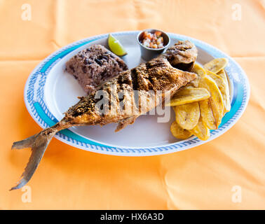 Whole Fish, Rice with Beans and Plantain Chips Stock Photo