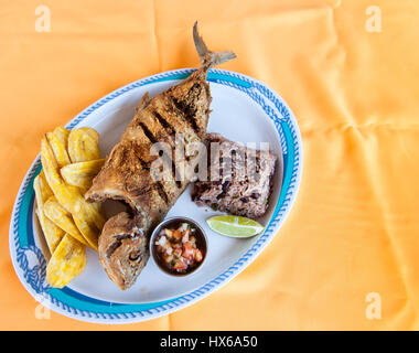 Whole Fish, Rice with Beans and Plantain Chips Stock Photo