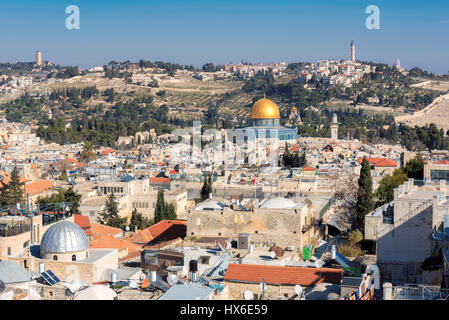 Aerial view to Jerusalem Old city, the Temple Mount, Dome of the Rock and Mount of Olives in Jerusalem, Israel. Stock Photo