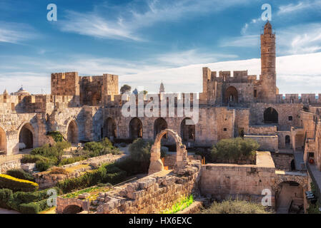 The Tower of David in ancient Jerusalem Citadel, near the Jaffa Gate in Old City of Jerusalem, Israel. Stock Photo