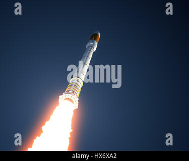 Carrier Rocket Takes Off In The Sky. 3D Illustration. Stock Photo