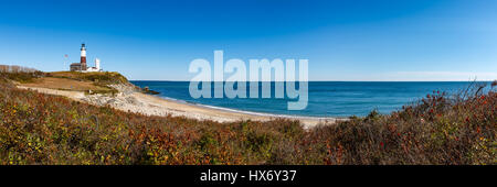 Panoramic view on Montauk Point State Park Lighthouse and the Atlantic Ocean. Long Island, New York State Stock Photo