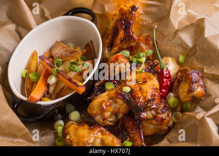 baked potatoes wings chicken wooden sauce barbecue background alamy jam chili spicy hot