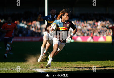 Harlequins' Marland Yarde runs in to score their fourth try during the Aviva Premiership match at Twickenham Stoop, London.