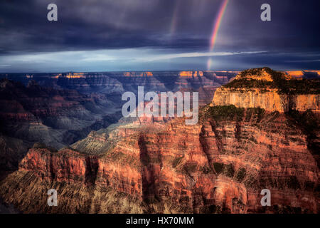 Rainbow over Grand Canyon. Bright Angel Point. North Rim Grand Canyon National Park, Arizona Stock Photo