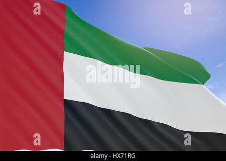 3D rendering of United Arab Emirates flag waving on blue sky background, National Day. Formation of federation of seven emirates on independence from  Stock Photo