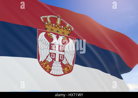 3D rendering of Serbia flag waving on blue sky background, Statehood Day of the Republic of Serbia. The beginning of the Serbian revolution against Stock Photo