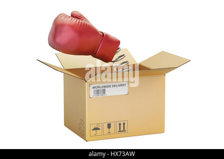 Boxing glove coming out from a cardboard box, 3D rendering Stock Photo