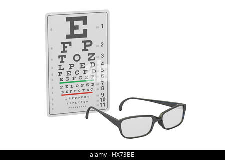 Eyeglasses and eye chart, 3D rendering isolated on white background Stock Photo