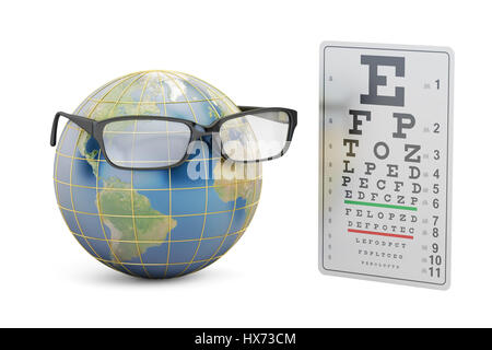 World Sight Day concept, eyeglasses with Earth globe and eye test chart. 3D rendering Stock Photo