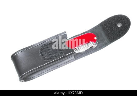 Swiss Army Multipurpose Military Knife in Pouch Isolated on White Background Stock Photo