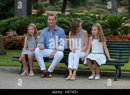 Spain Royal family King Felipe and Queen Letizia with princesses Leonor (white dress) and Sofia pose at Marivent Palace gardens Stock Photo