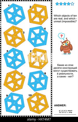Visual puzzle: Which objects of ten are real, and which - unreal (impossible)? Plus same task text in Russian. Answer included. Stock Vector