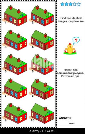 Visual puzzle: Find two identical pictures of country houses with red walls and green roofs. Answer included. Stock Vector