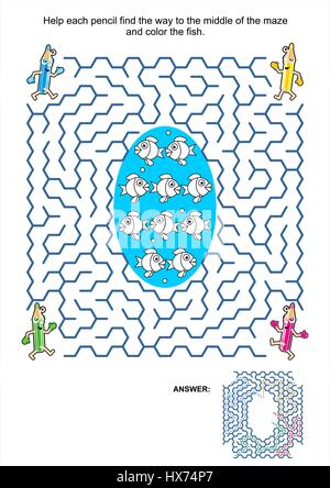 Maze game and coloring activity page for kids: Help each pencil find the way to the middle of the maze and color the fish. Answer included. Stock Vector