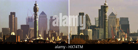 The changing face of the London city skyline is shown in these two pictures taken 16 years apart. Since the first was taken in 2001, the buldings around One Canada Square have been completed. Other noticable additions include 30 St Mary Axe (otherwise known as the Gherkin), 8 Canada Square at Canary Wharf, which serves as the global headquarters of the HSBC Group, and the Leadenhall building (directly beyond the BT Tower). Stock Photo