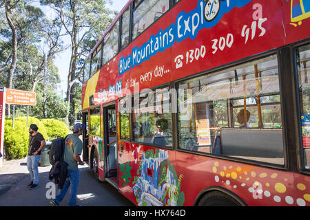 Blue Mountains explorer double decker bus driving visitors around the key sights in the Blue Mountains,New South Wales,Australia Stock Photo