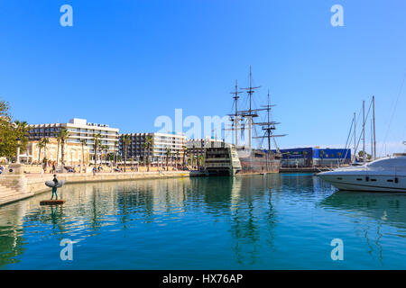 Alicante Harbour and Marina with the Replica of  Spanish  ship Santisima Trinidad, Alicante, Costa Blanca, Spain Stock Photo