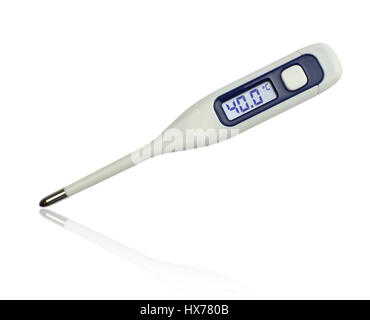 40 degrees Celsius on clinical electronic thermometer on white background Stock Photo