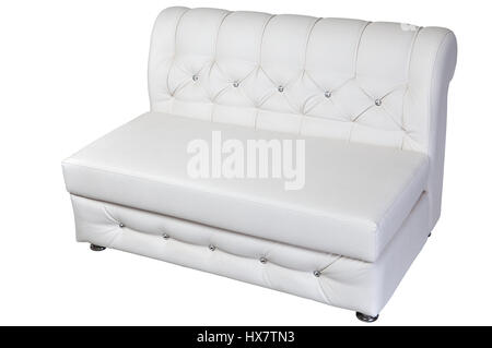 Double seater sofa lounge leather white,  isolated on white, clipping path saved. Stock Photo