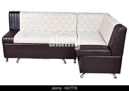White with brown leather corner couch bed with storage isolated on white include clipping path. Stock Photo