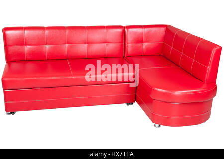 Red imitation leather corner sofa for dining room,   isolated on white background,  include clipping path. Stock Photo