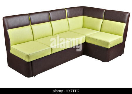 Folded Modern Leather Sectional Sleeper Sofa brown and yellow colored, isolated on white background,  include clipping path. Stock Photo