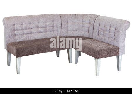 Corner banquette bench with backrest, upholstered in a soft cloth, isolated on white background with clipping path. Stock Photo