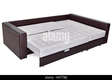 Folding sofa bed of white color, full-size, armrests upholstered brown leatherette, isolated on a white background, saved path selection. Stock Photo