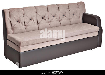 Folding light brown fabric sofa bed with storage,  isolated on white background, saved path selection. Stock Photo