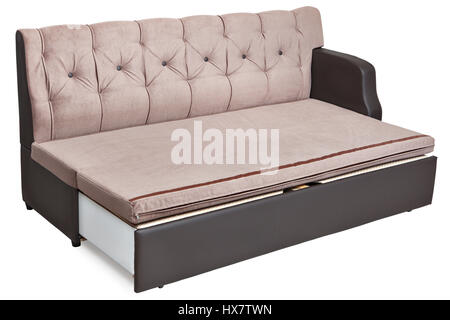 Full-size folding sofa-bed light brown fabric with storage space, isolated on white background, saved path selection. Stock Photo